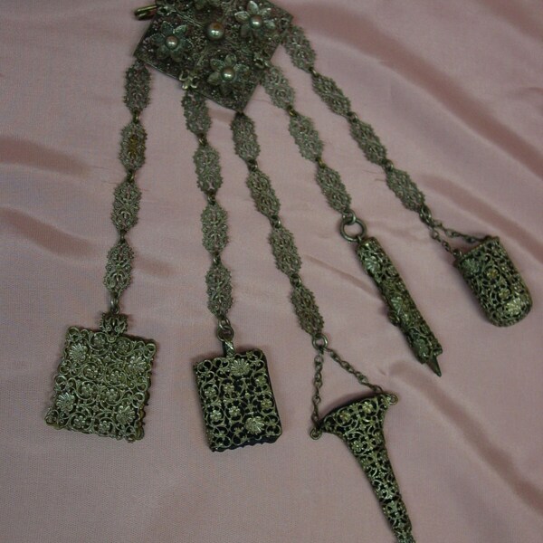 Antique Chatelaine, Highly Decorative, 5 Matching Sewing Items c.1800's Amazing Collectible