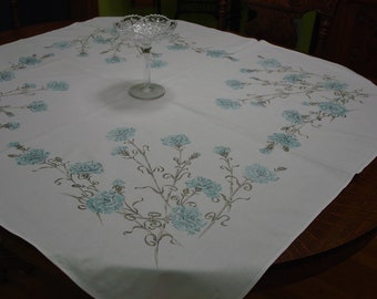 Pretty Vintage Cotton Tablecloth 44 x 45 1/2" White with Blue Carnations