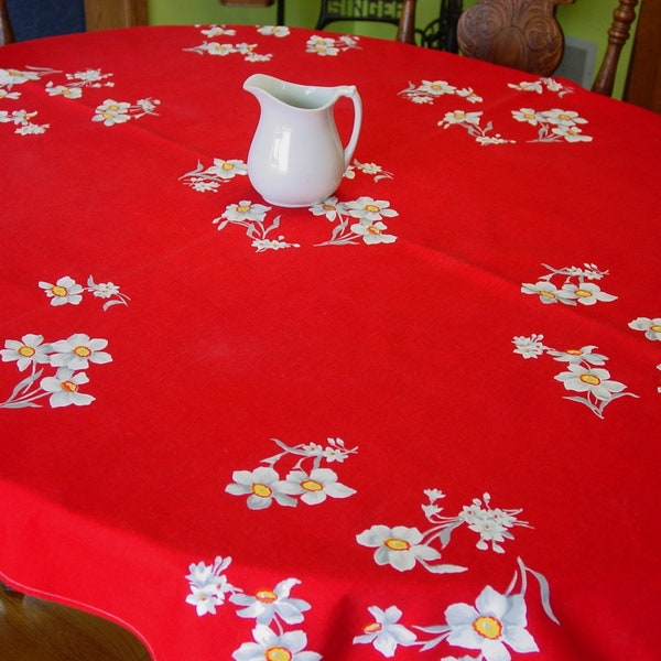 Pretty Vintage Wilendur Tablecloth "Jonquil" Red with White, Grey, Yellow Blossoms 49 x 54"