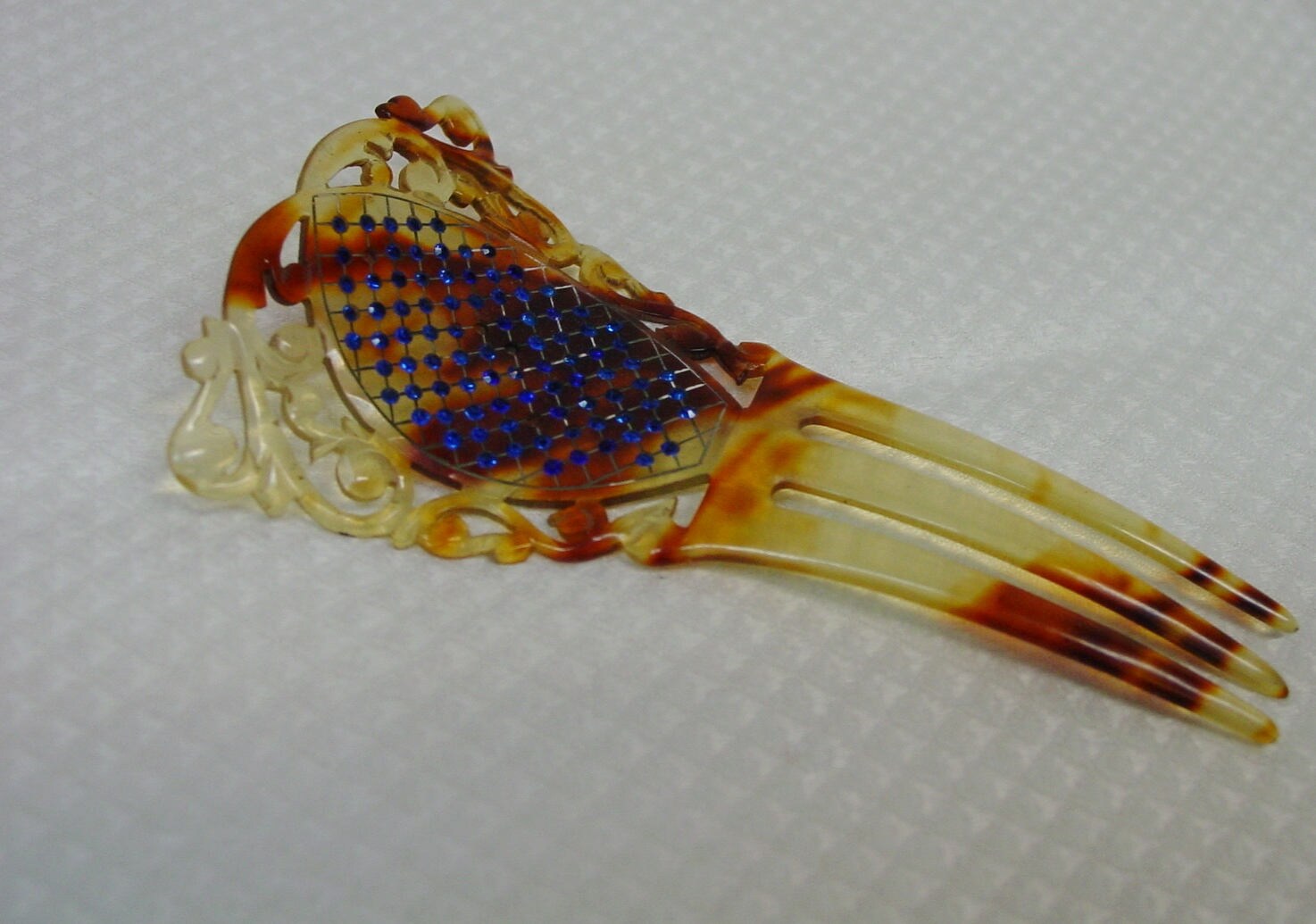 Antique Celluloid Hair Comb Tiny Blue Stones 4 1/2 X 2  display picture 3
