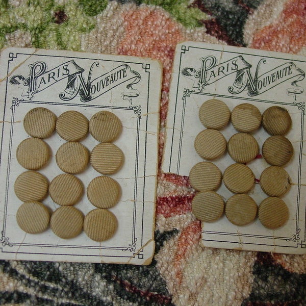 12 Victorian Buttons on Paris Nouveaute Cards 3/8" Tan Fabric Textured Lines, Pad Back
