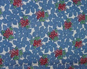 Excellent Vintage Feedsack Fabric 21 1/2 x 34" Blue Leaves with Tiny Dots, Red Flowers