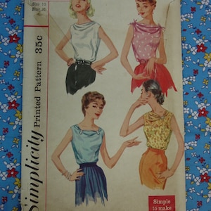 May include: Simplicity Printed Pattern 1839, size 10, bust 31, 35c.  A vintage sewing pattern featuring four women wearing sleeveless tops with different necklines and patterns. The pattern is printed on a white background with red and black text.