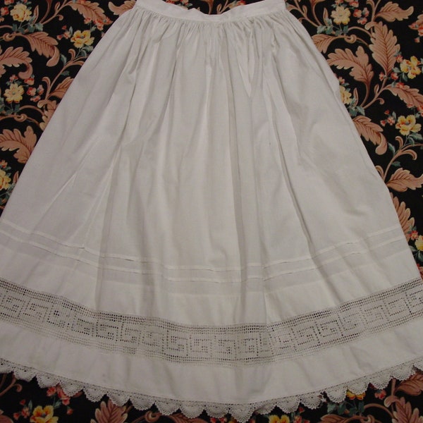 Beautiful Antique Edwardian Petticoat, Skirt White Cotton 36" Length 30" Waist Hand Crocheted Trim