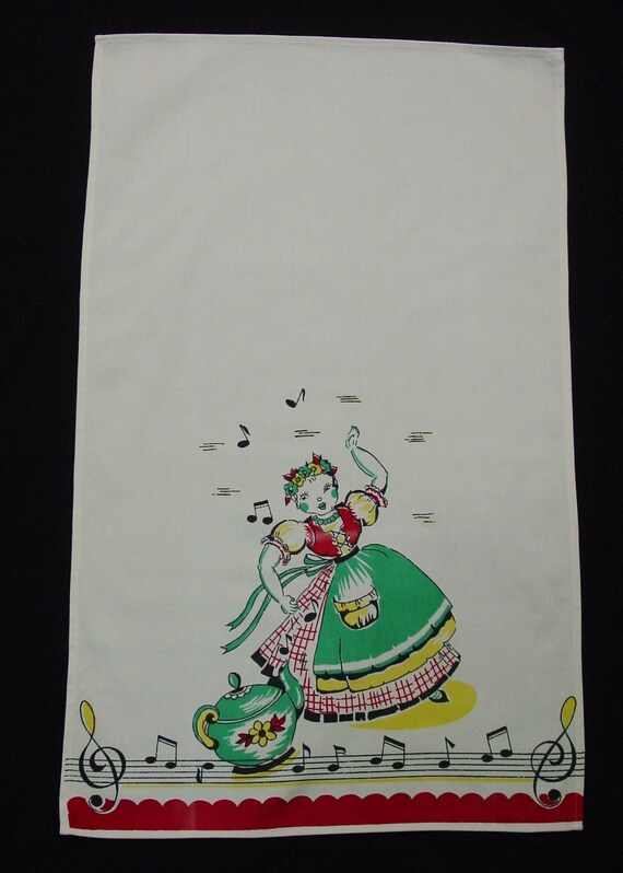 Vintage Tea Towel Broderie Lady with Musical Notes, Tea Pot Whimsical