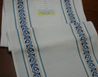 Excellent Vintage Unused Table Runner w/Label Woven in Sweden Blue, Yellow, Off White 13 x 48"