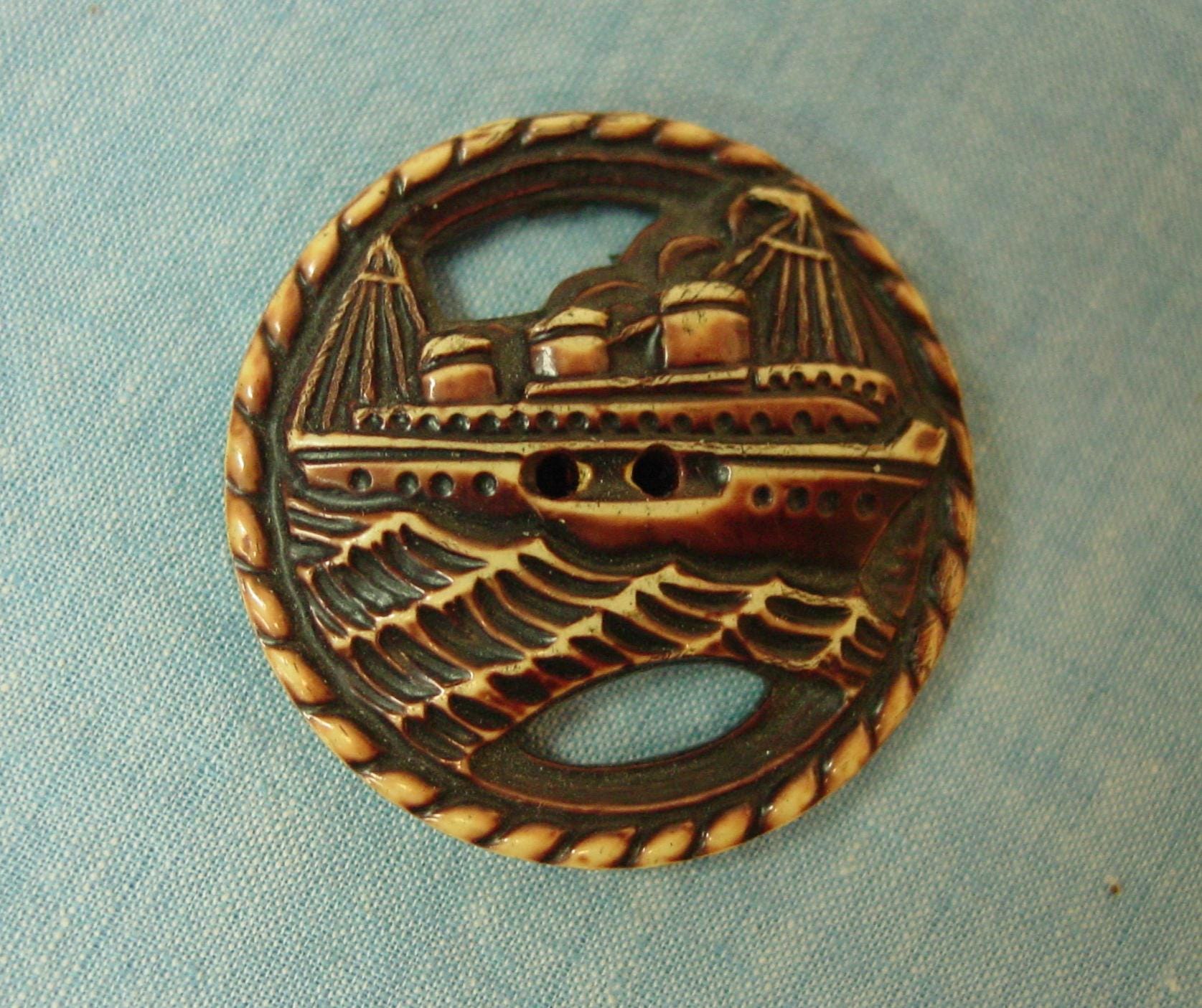 Ship Button Vintage Celluloid Button Ship on High Seas Pierced 1 5/16