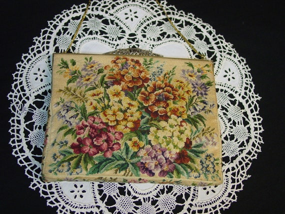 Gorgeous Antique Petit Point Purse Jolles Original Austria Colorful Blooms Mirror Excellent Coin Purse