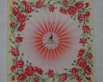 Nice Vintage Hanky Horoscope Aquarius Unused with Label 14 3/4" Scalloped Edge