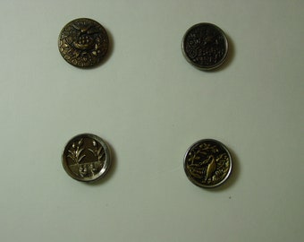 4 Antique Metal Picture Buttons of Birds