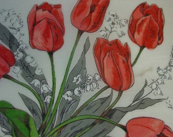 Lovely Vintage Hanky Signed Colette Red Tulips, Lilies of The Valley 15"