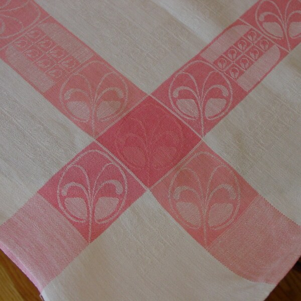 Pretty Vintage Linen Damask Tablecloth White with Pink Bands, Deco Leaves