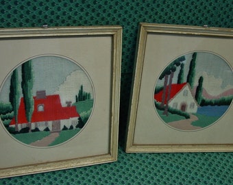 Pair Vintage Needlework Pictures Country Cottages Cute and Colorful 9" Square