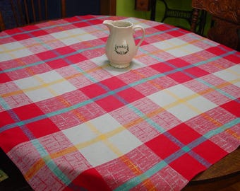Pretty Vintage Simtex Tablecloth Colorful Bold Plaid  47 x 50" Red, White, Blue, Yellow