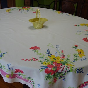 May include: A white oval tablecloth with a floral pattern featuring red, yellow, and blue flowers. A yellow basket sits on the tablecloth. The tablecloth has a pink border.