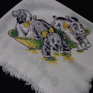 May include: White cotton scarf with a fringed edge featuring a colorful illustration of three dogs in a boat. The dogs are wearing yellow and blue ribbons.