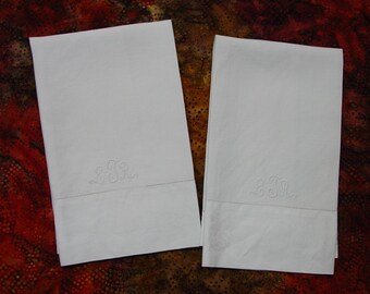 2 Pretty Vintage Tea Towels with Triple Hand Monogram White Damask and Cotton 14 1/2 x 20 1/2"