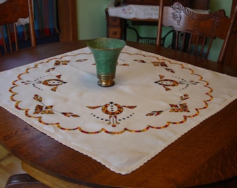 Vintage/Antique Arts & Crafts, Mission Tablecloth 35" Hand Embroidered Bright Designs