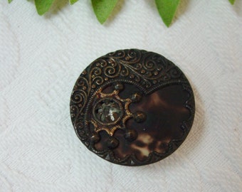 Nice Vintage Celluloid and Metal Button 1 1/4" Dark Mottled Celluloid with Fancy Metal Trim