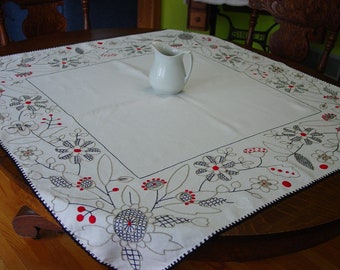 Beautiful Vintage Tablecloth 41 x 44 Stunning Embroidered Designs Black, Red, Tan