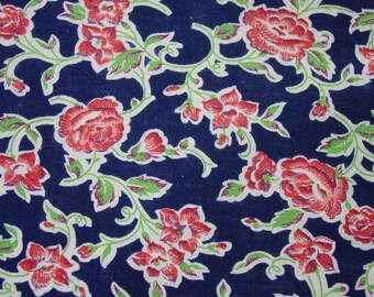 Dramatic Vintage Feedsack Fabric 21 x 37" Dark Navy Background, Vining Pink Flowers, Green, White