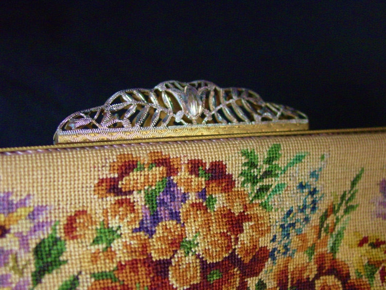 Gorgeous Antique Petit Point Purse Jolles Original Austria Colorful Blooms Mirror Excellent Coin Purse