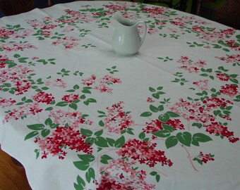 Pretty Vintage Tablecloth 49 x 52" Bright Pink and Red Lilacs on White