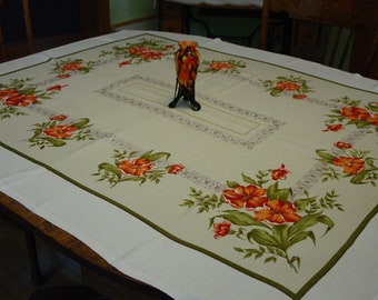 Lovely Vintage Tablecloth 44 x 51 1/2" Bright Color Dramatic Design Orange, Green, Beige, White