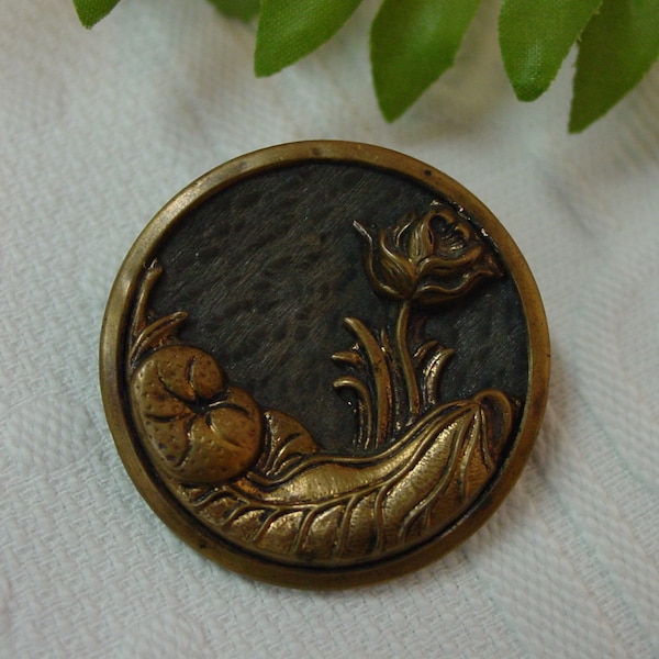 Vintage/Antique Metal Button NBS Large 1 1/2" Art Nouveau Plant Life Wood Back