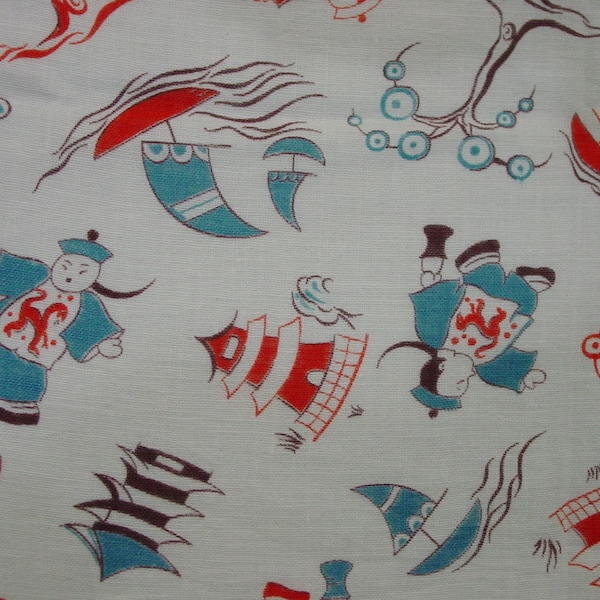 Fun Vintage Novelty Feedsack Fabric 12 x 37" Unusual Cute Print Asian Designs, People