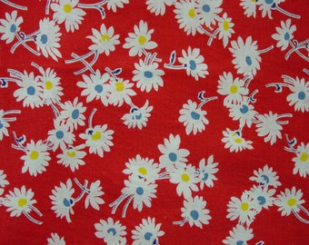 Vintage Feedsack Fabric 22 1/2 x 36" Bright Red Background, White Daisies, Green, Yellow Centers 2 Available