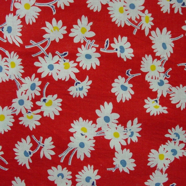 Vintage Feedsack Fabric 22 1/2 x 36" Bright Red Background, White Daisies, Green, Yellow Centers 2 Available