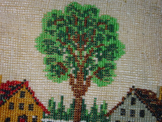 Beautiful Antique Beaded Purse Scenic Tree, House… - image 2