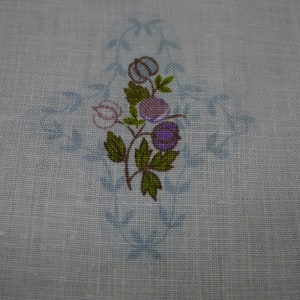 Cute Vintage Small Tablecloth White Linen with Purple and Blue Designs 34 x 34 image 6