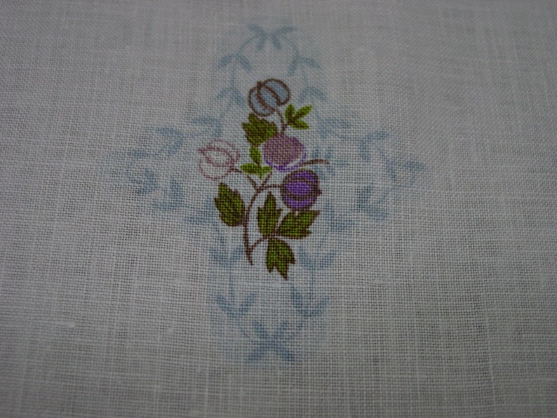 Cute Vintage Small Tablecloth White Linen with Purple and Blue Designs 34 x 34 image 6