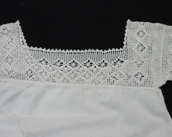 Vintage White Cotton Nightgown with Crocheted Yoke and Sleeves