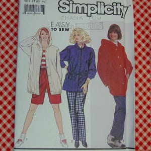 May include: Simplicity sewing pattern number 7015, size A (PT-XL), featuring three different jacket styles. The first jacket is a white hooded jacket with a red and white striped shirt underneath. The second jacket is a blue hooded jacket with a white and blue plaid shirt underneath. The third jacket is a red hooded jacket with a blue shirt underneath.