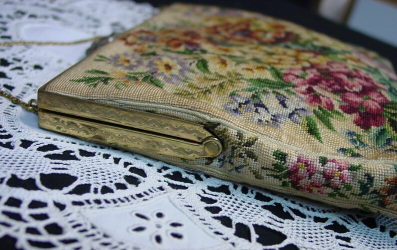 Gorgeous Antique Petit Point Purse Jolles Original Austria Colorful Blooms Mirror Excellent Coin Purse