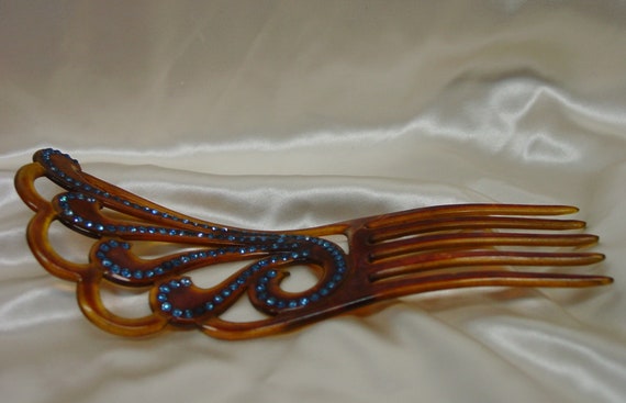 Vintage Antique Hair Comb Celluloid with Blue Sto… - image 4