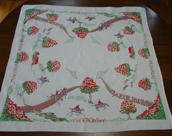 Fun Vintage Novelty Linen Tablecloth Horses, Dogs, Countryside 32 1/2 x 35 1/2"