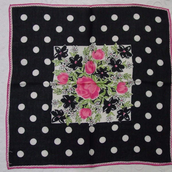 Pretty Vintage Hanky,Handkerchief  Black, White Polka Dots Floral Center