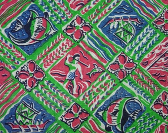 Fun Vintage Novelty Feedsack Fabric  20 1/2 x 37" Nautical Graphics Fish, Boat, Man with Spear, Colorful  2 Available