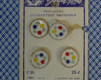 Set of 4 Hand Painted Glass Buttons Flowers Gold Rim 5/8" Germany US Zone