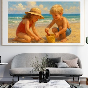 Digital Wall Art | Kids Playing in the Sand | Beach Scene Painting | Coastal Nursery Decor | Ocean Summer Artwork| Bueatiful Beach Day