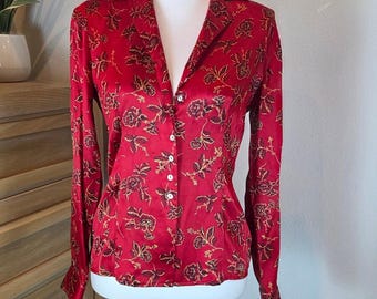 Petite Sophisticate Seide Blumenbluse Knopfleiste Rot Vintage Y2K Größe 2