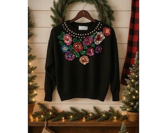 Pull à Zip KAREN SCOTT Noir - Taille L - Style "gaudy" Fête De Noël - Occasion En Bon état