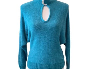 Samantha Starr Moon Keyhole Pullover Angora Fledermausflügel Türkis Vintage 80er Jahre Small