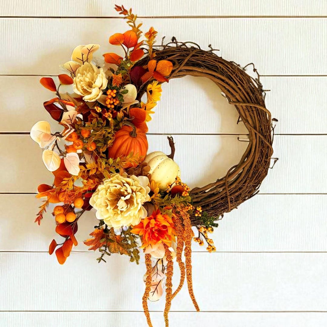Large Fall Wreath With Pumpkins and Cream Flowers - Etsy