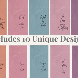 "A grid display of 10 unique printable phone wallpaper designs in soft peach, pink, blue, and mauve tones, each featuring a handwritten-style Christian scripture phrase including 'Your Light Shines,' 'God is Within Her,' 'Walk by Faith,' 'The Lord is My Shepherd,' 'I Am With You,' 'Made New,' 'Live in Love,' 'Chosen and Loved,' 'He Restores My Soul,' and 'Do Not Be Afraid.' Overlay text reads 'Includes 10 Unique Designs.'"