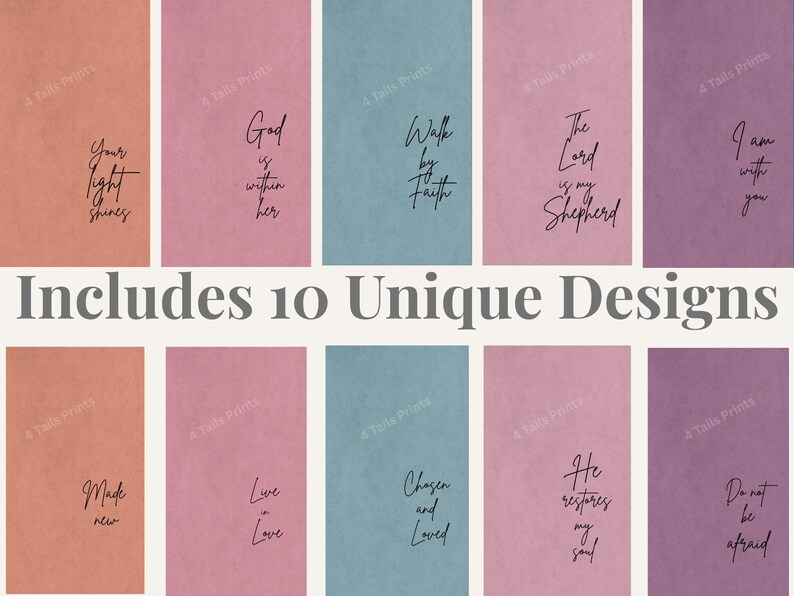"A grid display of 10 unique printable phone wallpaper designs in soft peach, pink, blue, and mauve tones, each featuring a handwritten-style Christian scripture phrase including 'Your Light Shines,' 'God is Within Her,' 'Walk by Faith,' 'The Lord is My Shepherd,' 'I Am With You,' 'Made New,' 'Live in Love,' 'Chosen and Loved,' 'He Restores My Soul,' and 'Do Not Be Afraid.' Overlay text reads 'Includes 10 Unique Designs.'"